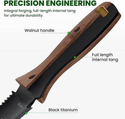 Hori Hori Garden Knife, Garden Tools with Sheath, 6" Stainless Steel Blade with Cutting Edge, Full-Tang Walnut Ergonomic Wood Handle with Hanging Hole, Weeding, Planting, Digging