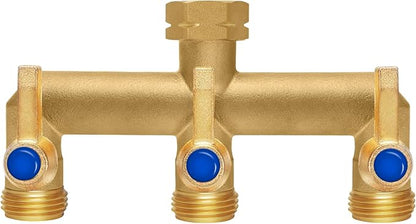 Brass Garden Hose Splitter, 3 Way Hose Splitter, Outdoor Hose Splitter, GHT 3/4 in. Female Inlet and 3 Way 3/4 in. Male Outlet for Regulating and Shutting Off Water Flow
