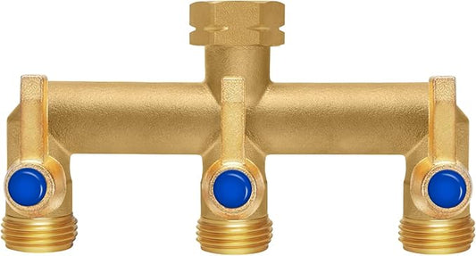 Brass Garden Hose Splitter, 3 Way Hose Splitter, Outdoor Hose Splitter, GHT 3/4 in. Female Inlet and 3 Way 3/4 in. Male Outlet for Regulating and Shutting Off Water Flow