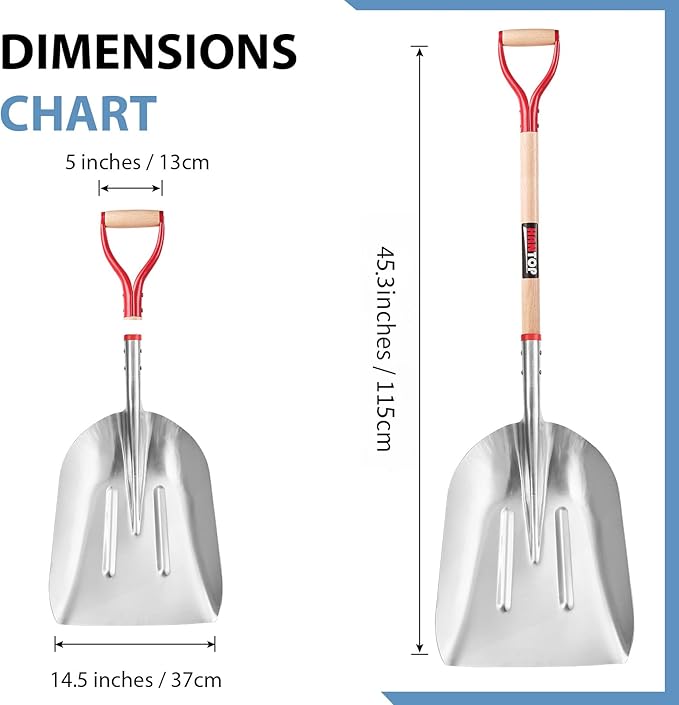 Aluminum Snow Scoop Shovel Wide Grain Shovels with Lightweight Large Capacity Head and Oak Wooden Handle