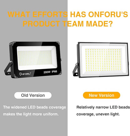 Onforu 200W LED Flood Lights Outdoor, 18000LM Bright Security Light, IP66 Waterproof Outdoor LED Lights, 6500K Daylight White Floodlight for Garage, Yard, Garden, Stadium, Playground, Arena(2 Pack)
