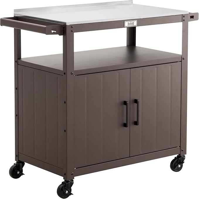 Outdoor Grill Cart with Stainless Steel Tabletop and Storage Cabinet, Movable Kitchen Island with Wheels for BBQ Food Prep, Brown