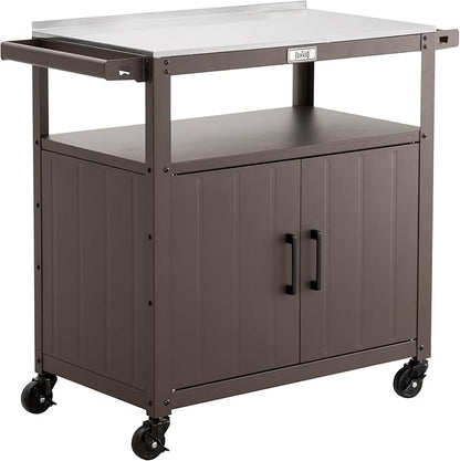 Outdoor Grill Cart with Stainless Steel Tabletop and Storage Cabinet, Movable Kitchen Island with Wheels for BBQ Food Prep, Brown