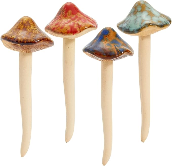 Juvale Ceramic Outdoor Mushrooms Plant Stakes - 5 in, Assorted Brown, Red, Orange & Green, 4-Pack - Set of Garden Mushrooms for Planter Pots & Indoor & Outdoor Garden Decor
