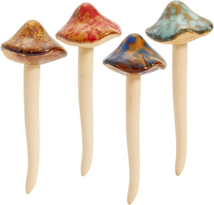 Juvale Ceramic Outdoor Mushrooms Plant Stakes - 5 in, Assorted Brown, Red, Orange & Green, 4-Pack - Set of Garden Mushrooms for Planter Pots & Indoor & Outdoor Garden Decor