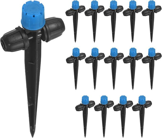 15-Pack Drip Irrigation Emitters Sprayers, Drippers on 5"/13mm Stake Adjustable 360 Degree Water Flow 8 Holes for 1/4" Drip Irrigation Tubing for Watering System [Blue, Drip]