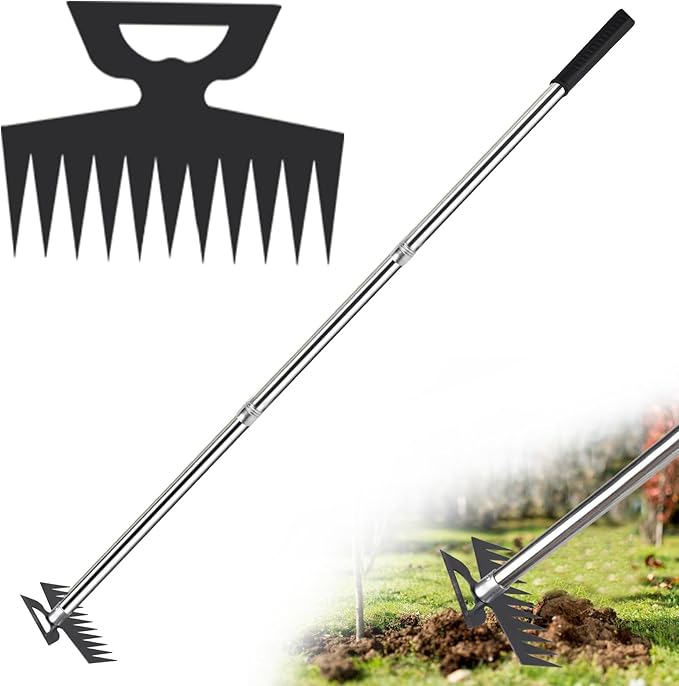 Weed Puller Picker Tool Scuffle Hoe Rake, Hand Tiller Small for Planting, Grass Weeder Dandelion Uprooting Remover, Standing Cultivator for Flower Garden Beds Lawns Yard Weeding and Leveling