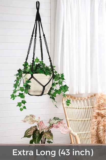 43 Inches Macrame Planter Hanger Large for 12 inch Pot + Swag Hook (Extra Long & Big) | Large Hanging Planter for Indoor Plants | No Tassel, Cotton Rope, NO Pot/Plant Included (Black)(XL)
