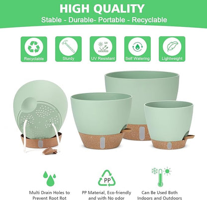 12" 10" 9" 8" Self Watering Pots with Water Level Indicator, Large Plastic Planters Set with Mesh Drainage Hole and Removable Saucer Reservoir, Big Flower Pot for Indoor Outdoor Plants (Green)