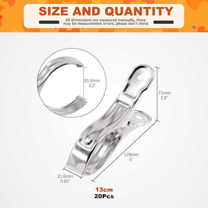 Tanstic 20Pcs 5.1 Inch Stainless Steel Greenhouse Clamps Garden Clips Greenhouse Clips Heavy Duty Garden Clips with Strong Grip and Large Open Mouth for Netting Holding