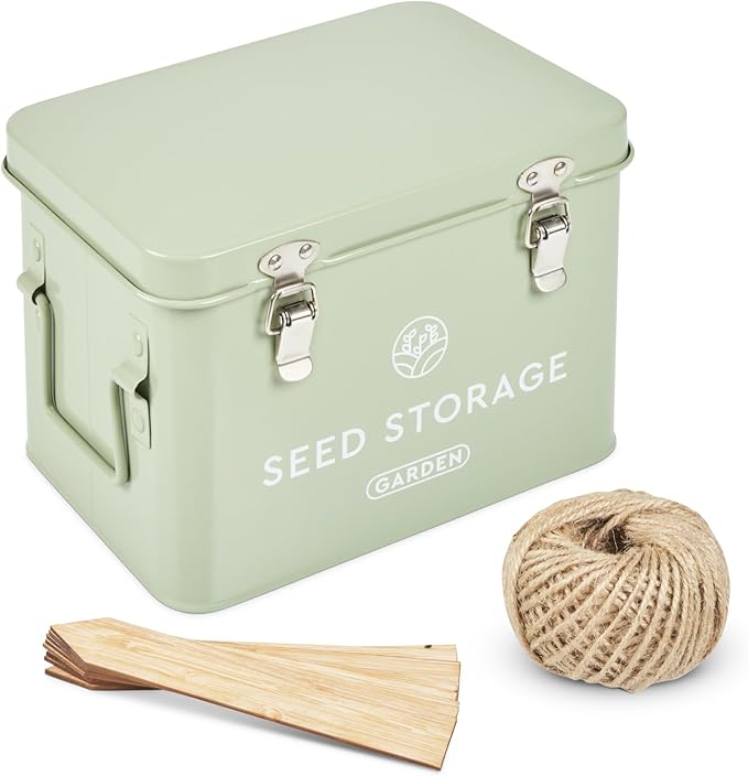 Seed Storage Box – Metal Seed Packet Organizer with Garden String and Bamboo Plant Labels. Seed Container Storage delivering complete Seed Saving Organization for every Garden Lover.