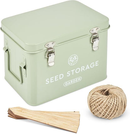 Seed Storage Box – Metal Seed Packet Organizer with Garden String and Bamboo Plant Labels. Seed Container Storage delivering complete Seed Saving Organization for every Garden Lover.