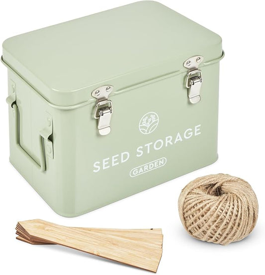 Seed Storage Box – Metal Seed Packet Organizer with Garden String and Bamboo Plant Labels. Seed Container Storage delivering complete Seed Saving Organization for every Garden Lover.
