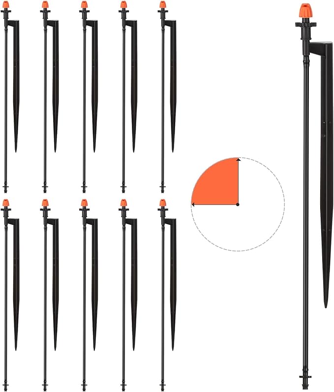 Drip Micro Sprinkler Heads with Stake: 90 Degree Sprinkler Nozzle with 1/4" Drip Irrigation Tubing - 10 Pack Drip Spray Emitters on 12 Inch Stake for Garden Water System