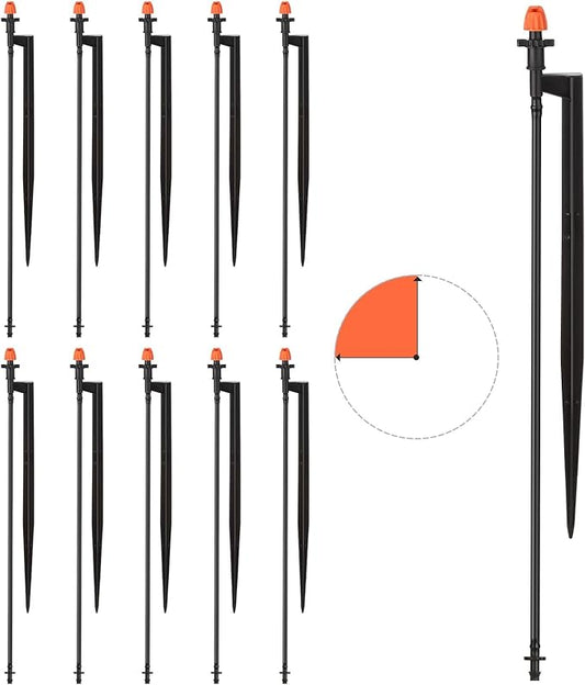 Drip Micro Sprinkler Heads with Stake: 90 Degree Sprinkler Nozzle with 1/4" Drip Irrigation Tubing - 10 Pack Drip Spray Emitters on 12 Inch Stake for Garden Water System