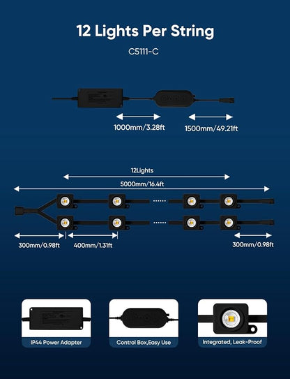 APPECK Permanent Outdoor Lights 400ft with 288 LED Lights, 144W Smart RGBW Eaves Lights,DC 36V, 40LM, IP67 Waterproof String Lights for Christams, Party Decor, Compatible with Alexa, Black