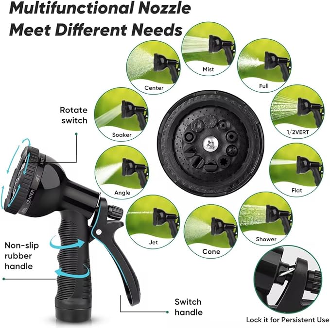 Garden Hose 50ft, Heavy Duty Stainless Steel Water Hose with 10 Functional Nozzles, No Kink, Lightweight and Flexible, Easy to Use and Store, Strong and Sturdy, Suitable for Yard and Lawn