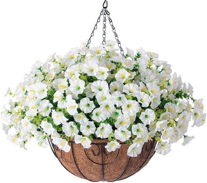 Artificial Fake Hanging Flowers Plants Baskets Spring Outdoor Decor, Outdoor Faux Silk White Morning Glory Eucalyptus in Planter UV Resistant Realistic for Outside Porch Patio Balcony Garden Yard Home