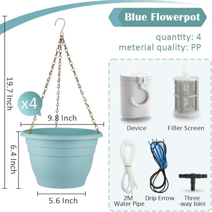 Hanging Planters 10 Inch, 4 Pcs Flower Pots Automatic Watering System Set, Self Watering Hanging Basket with Drainage Hole for Indoor Outdoor Plants, Decor, Blue