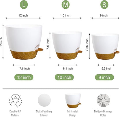 Large Self Watering Pots, 12/10/9 Plastic Planters with High Drainage Holes and Deep Reservoir for Indoor Outdoor Garden Plants and Flowers, White with Brown