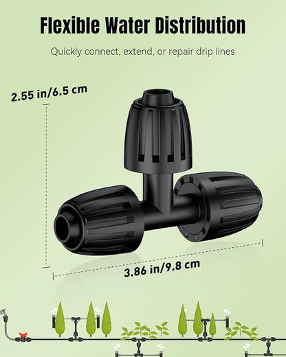 Pawfly 15 Pcs Drip Irrigation Fittings for 1/2 Inch Irrigation Tubing (1/2" ID x 0.64" OD), 1/2" Drip Line T Connectors with Anti-Drop Lock Nuts, Barbed Tees for Garden Irrigation System