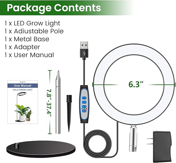Grow Lights, Full Spectrum Plant Light for Indoor Plants, 2 in 1 Design 6.3in Desktop Growing Lamp with Auto Timer for 6/12/16Hrs,3 Optional Spectrums,5 Brightness,Height Adjustable 9.8"-37.4"