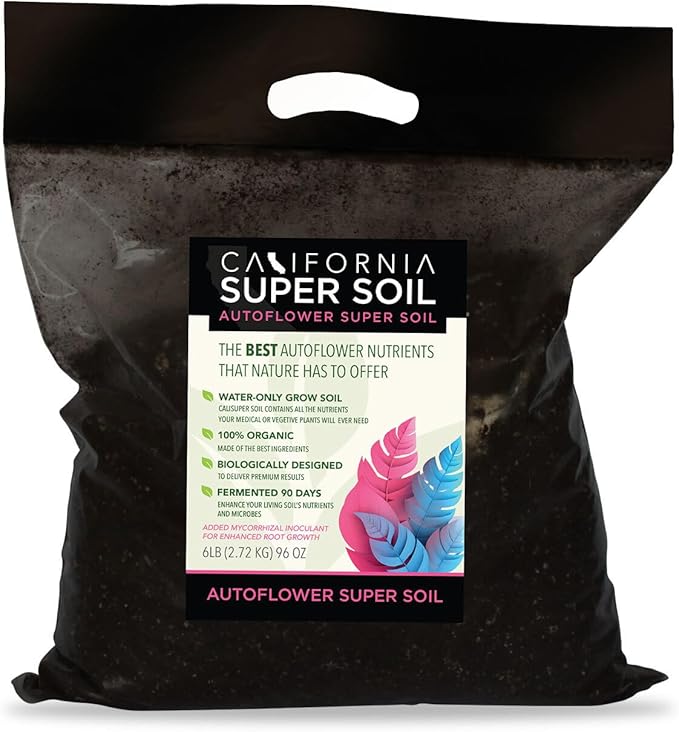 California Super Soil Premium 100% Organic Autoflower Super Soil - 18+ Nutrient Blend - Garden Soil for Indoor Grow Kit - 6Lbs Bag - Grows 2 Plants
