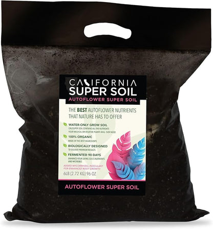 California Super Soil Premium 100% Organic Autoflower Super Soil - 18+ Nutrient Blend - Garden Soil for Indoor Grow Kit - 6Lbs Bag - Grows 2 Plants