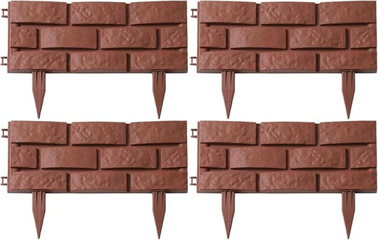 Plastic Garden Fence 4Pcs 16 x 12 x 1 Brick Design Lawn Edging Plug-in Garden Edger Border Spliced Decorative Flower Bed Edging Borders Lawn Landscape Panels