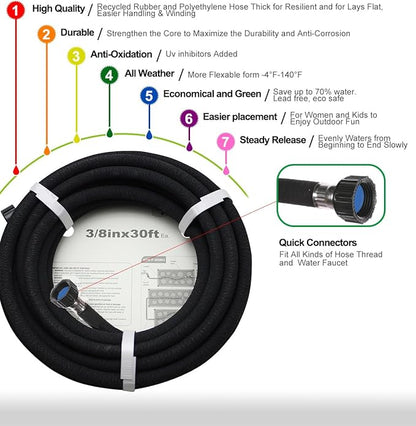 Short Soaker Hose 15ft - Garden Rubber Soaking Drip Hoses 5/8" Saving 70% Water Garden Hose, Drip Irrigation Round Hose for Lawn Yard, flower beds