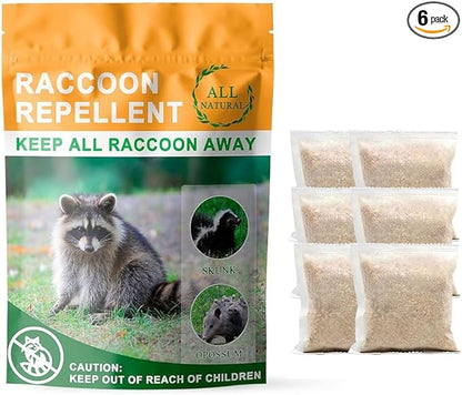 Natural Raccoon Repellent Granules | Eco-Friendly, Non-Toxic & Long-Lasting Protection with Garlic, Peppermint & Wintergreen Oils | Safe for Pets and Children |6-Pack (25g per Bag)