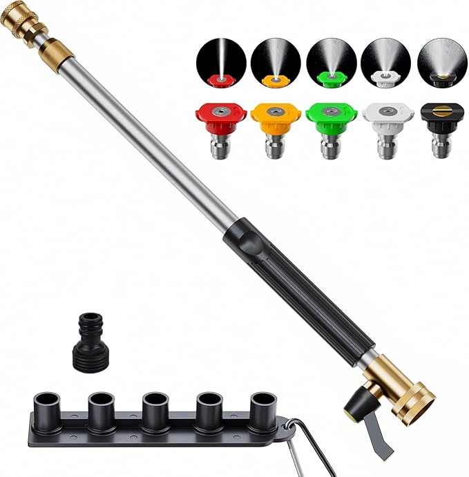 Jet Nozzle High Pressure Hose Nozzle, 2025 Upgraded Adjustable Hydro Nozzle Wands 18-33 inch, Garden Water Hose Sprayer with 5 Tips and Hose Quick Connectors for Garden, Floor and Car Washing