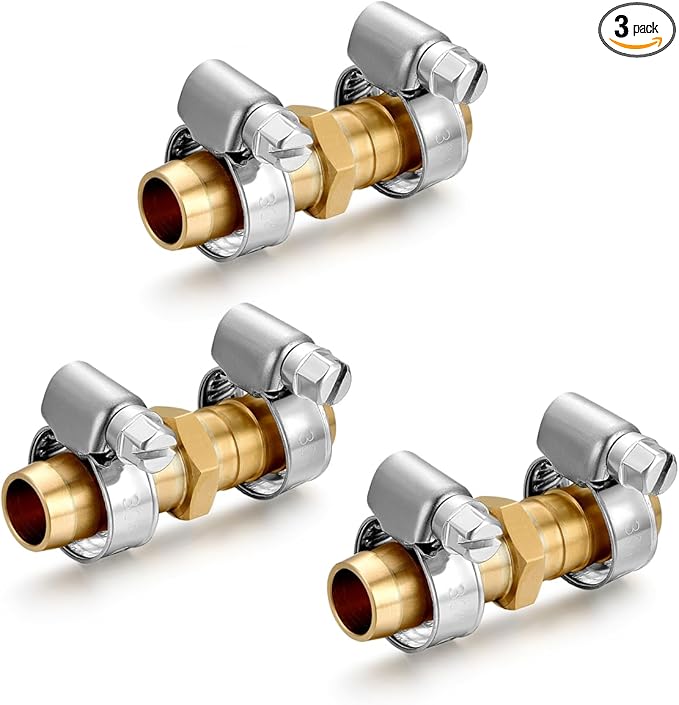Solid Brass Garden Hose Repair Connector with Clamps Hose Repair Kit, 1/2"Barb Garden Hose Fittings (1/2"Barb-3 Set)