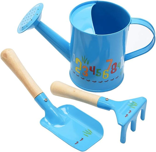 Sungmor Small Watering Can Set Cute Little Gardener Kit | Package Includes 3PC Blue Number Watering Can & Trowel & Rake Gardening Hand Tools | Perfect for Garden,Yard or Beach