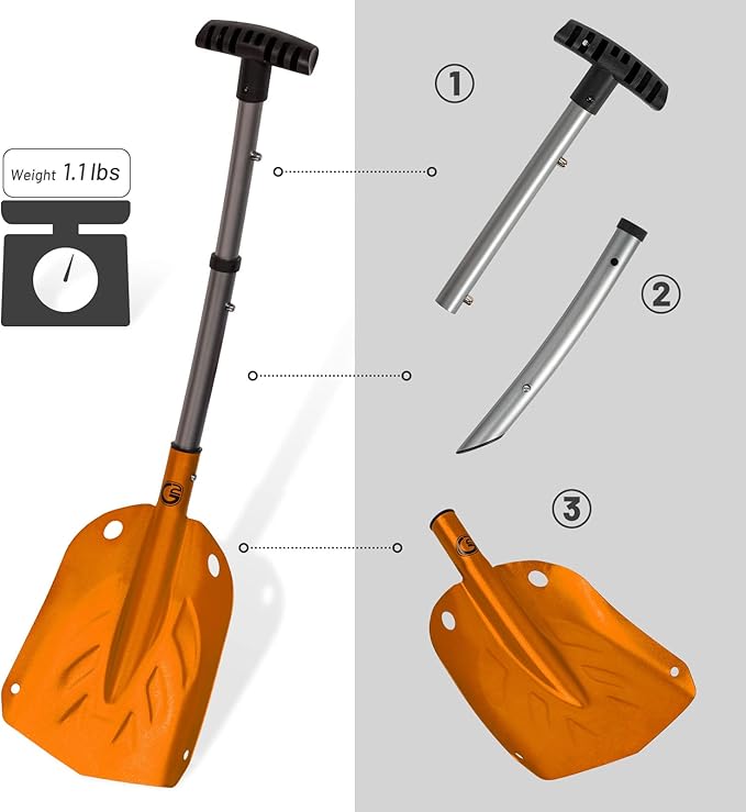 G2 Backcountry Lightweight Telescopic Avalanche Snow Shovel, Storage Down to 13 inch, Durable Aluminum Alloy Material, ABS Anti-Slip Proof Handle, Compact Storage Size (Orange)