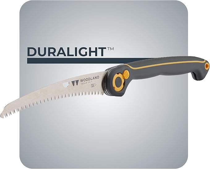 Woodland Tools Duralight Folding Saw – Curved Pruning Saw with Hardened Steel Blade, 3-Position Lock, Soft Grip Handle – Manual Tool for Tree Trimming, Branch Cutting, and Yard Work