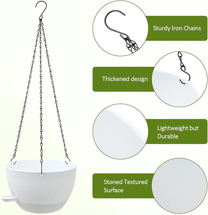 WOUSIWER Self Watering Hanging Planters, 2 Pack 10'' Plastic Pots with Drainage Holes & Reservoir Tray (White) | Indoor & Outdoor Use for Ferns, Ivy, Herbs, Succulents