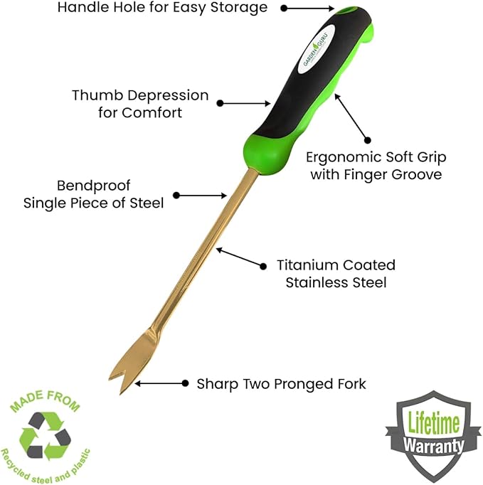 Garden Guru Titanium Dandelion Weeder Tool - Rust Resistant - Ergonomic Handle - Weed Puller for Planting, Weeding, Flower and Vegetable Care in Lawn Garden Yard (2 Pack)