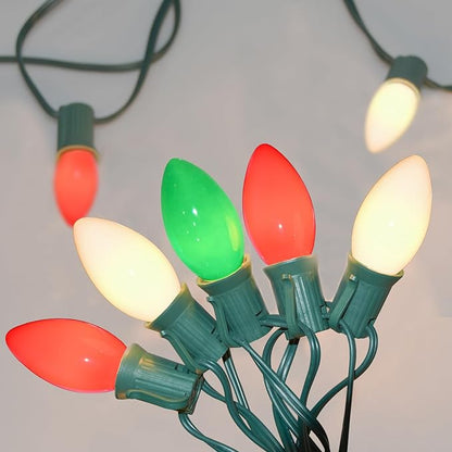 SUNSGNE C9 Christmas String Lights, 25 Feet Vintage Christmas Tree Lights with 26 7W Red Green White Glass Bulbs(1 Spare) for Patio Balcony Xmas Decor, Green Wire