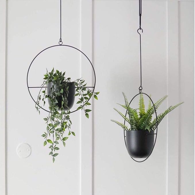 Hanging Planter for Indoor Outdoor Plants Metal Mid Century Minimalist Wall Ceiling Plant Hanger, Hanging Flower Pot Basket Holder for Home Office Décor(Black)