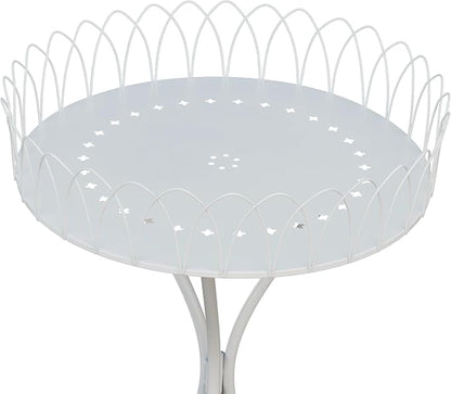 White Round Tabletop Plant Stand, French Vintage Metal Flower Pot Riser with Ornate Edge Detailing, Centerpiece Garden Decor