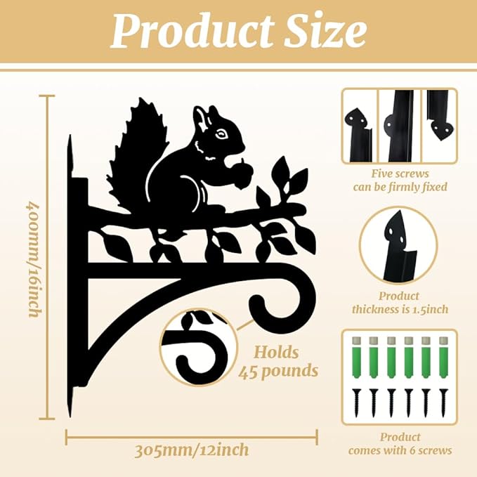 peacoblue Iron Plant Hangers Hooks for Outdoor Indoor Hanging Plants Flower Fern Pots Lantern Bird Feeder Wind Chimes, 12"x16" Weather Resistant Metal Wall Holder for Porch Garden Farmhouse(Squirrel)