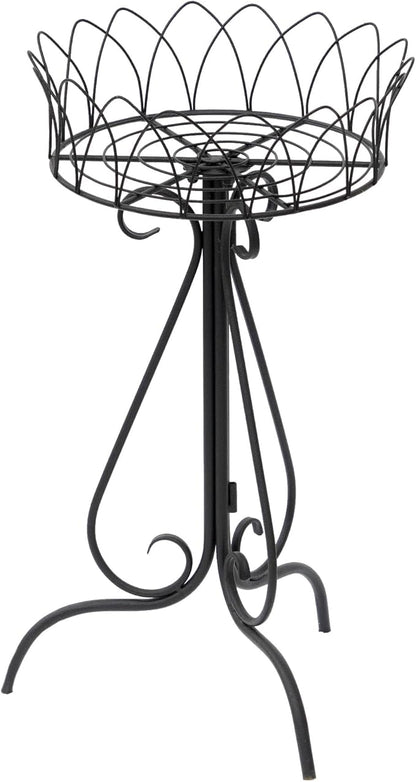 Black Round Low Plant Stand Single Pot Holder, Antique French Pedestal with Cutout Patterns, Compact Garden Decor for Cactus Ferns Plant Holder