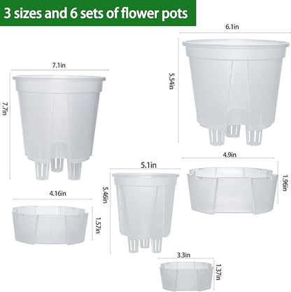 Cdd's Path 6-Pack Self Watering Pots Set with Holes for Indoor/Outdoor Plants,2 Each of 5, 6 and 7 Inch Planter Pot with Watering Hole/Reservoir and Air Pipes,Clear