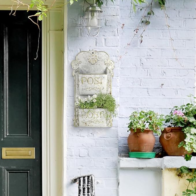 All Chic Metal Wall Planter - Outdoor Rustic Wall Mount Hanging Planter, White Gold