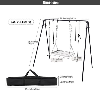 Lineslife Grill Swing Campfire Cooking Stand with Adjusatble Stainless Steel Grill Grate, Collapsible BBQ Grill with Hooks and Accessories for Outdoor Camping Cookware & Dutch Oven