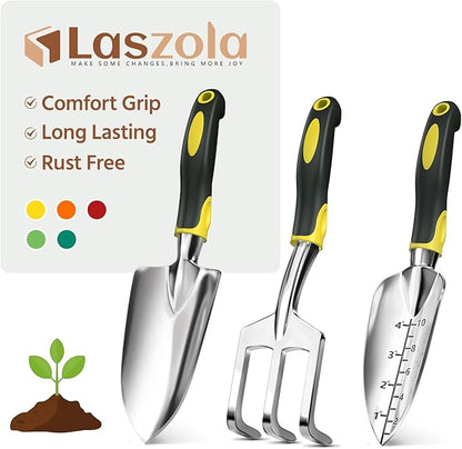 LASZOLA 3 Piece Garden Tool Set Include Hand Trowel Rake and Transplant Shovel for Women, Indoor Heavy Duty Small Spade Kit with Ergonomic Handle to Weed and Loosen, for Mom and Plant Beginner, Yellow