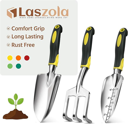 LASZOLA 3 Piece Garden Tool Set Include Hand Trowel Rake and Transplant Shovel for Women, Indoor Heavy Duty Small Spade Kit with Ergonomic Handle to Weed and Loosen, for Mom and Plant Beginner, Yellow
