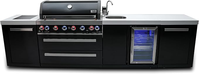 Mont Alpi MAi805-BSSBEV 6-Burner 115000 BTU Black Stainless Steel Island Outdoor Kitchen Gas Barbecue Grill with Beverage Center - Granite Countertops + Storage Drawers and Cabinets + Faucet & Sink