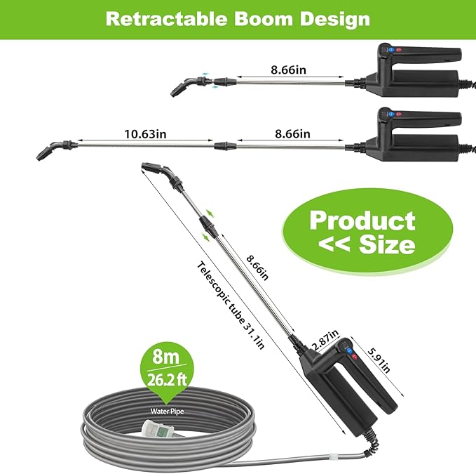 Battery Powered Sprayer Wand, 32 Inch Garden Sprayer Telescopic Wand with 3 Adjustable Speeds, Battery Indicator, 26.2 FT Hose, 7.4V Rechargeable Water Sprayer Wand with 4 Adjustable Nozzles & Filter